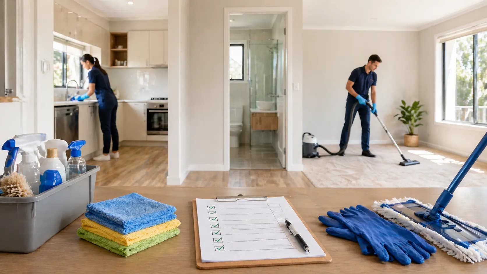 Professional cleaner working through a full-property cleaning checklist